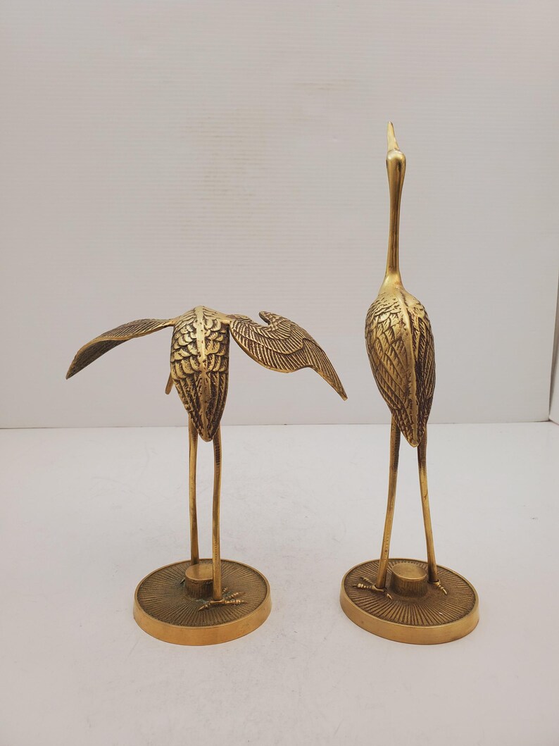 Large Pair Vintage Brass Crane Figurines Mid Century Bird Decor Heron