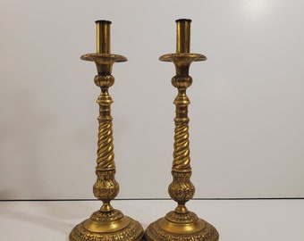 Antique Pair of hand-engraved brass candlesticks; Vintage pair candelabras in brass.