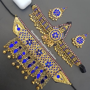 Traditional Afghan Jewelry Set - Blue And Golden Kuchi Jewelry