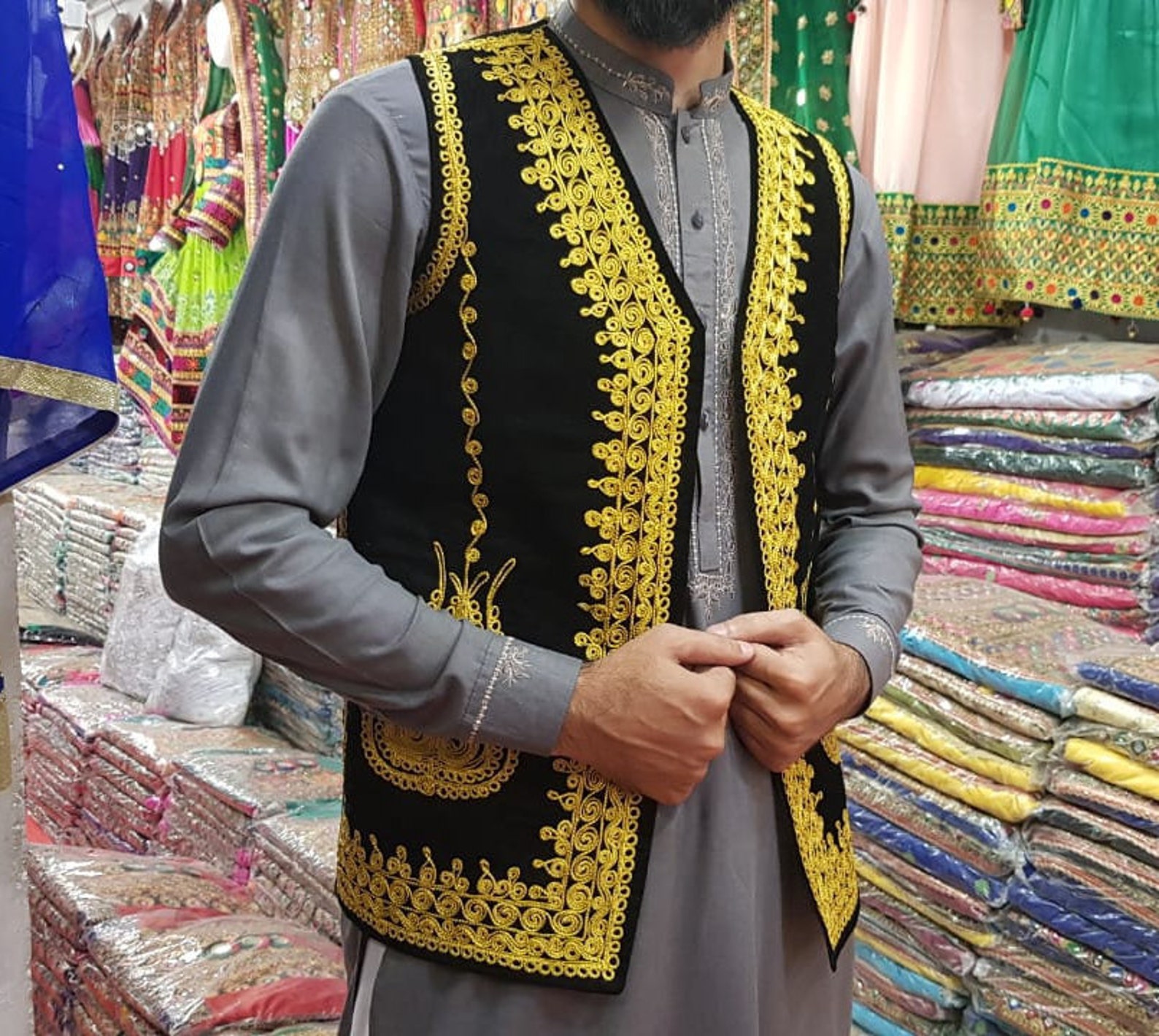 Afghan Traditional Waistcoat With Gold Embroidery Kuchi Etsy Canada