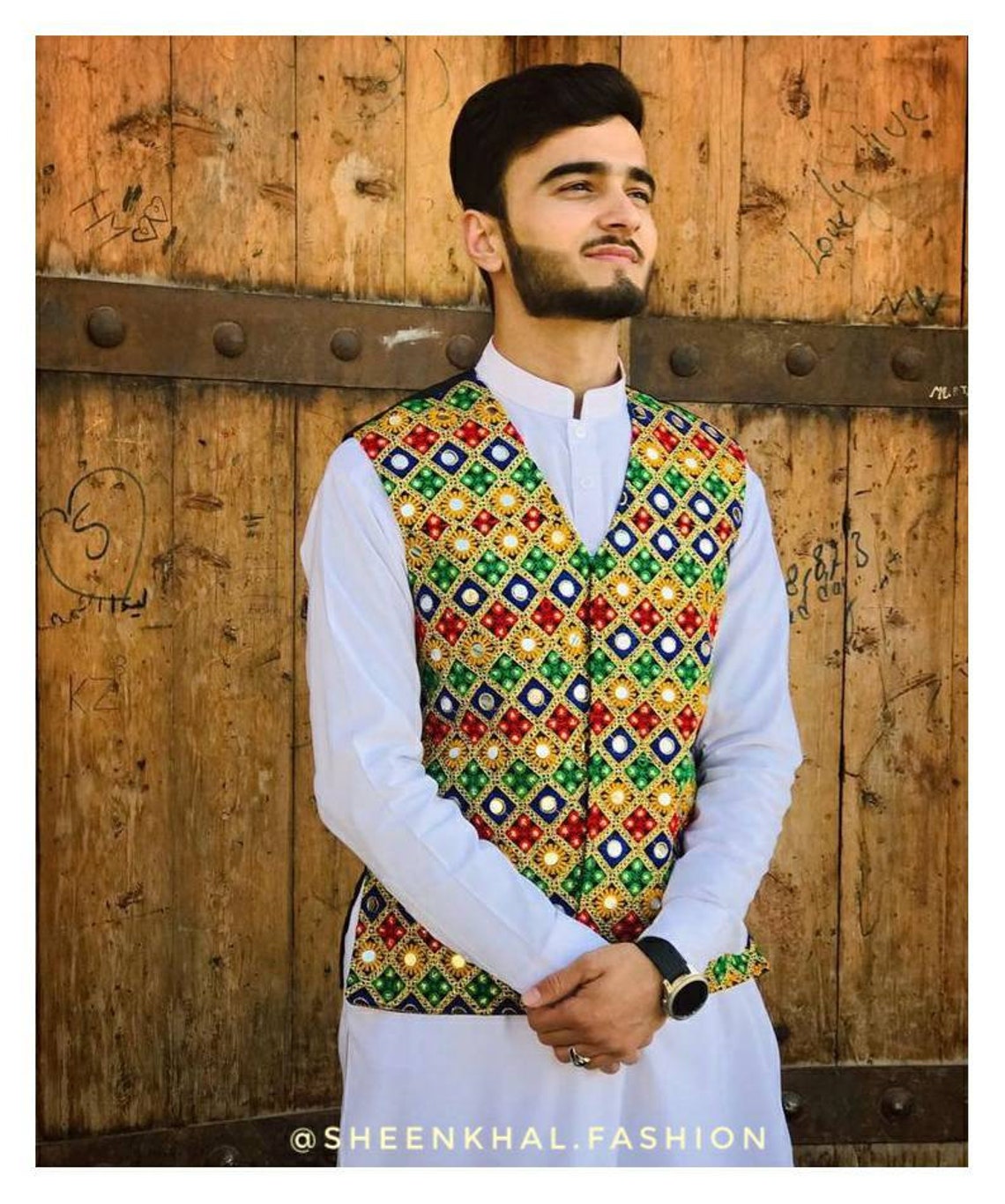 Black Afghani Waistcoat for Men – Golden Embroidered Traditional Design main image 0