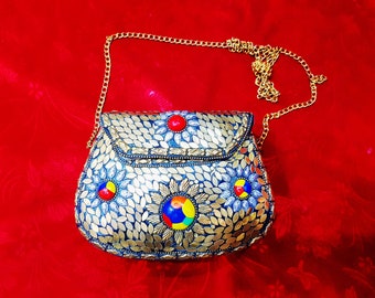 Afghan Purse Vintage Hand Made Afghani Metal Purse Antique Afghani Jewelry Afghan Boho Jewelry Solid Metal Hand Bag with brass & Tile