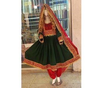 Afghan Kuchi tribe Green And Red Embroidery Beautiful Afghani Traditional Dress-Afghani multi-color Dress With Icon Mirrors- afghani cloths