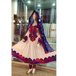 Afghan Kuchi tribe White And Blue Embroidery Beautiful Afghani Traditional Dress-Afghani multi-color Dress With Icon Mirrors- afghani cloths