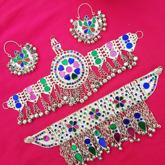 SheenkhalFashion Afghan Jewelry Set Hand Made Afghani Necklace and Earrings Vintage Tribal Unique Jewelry Design Antique Jewelry Kuchi Jewelry Silver Colore