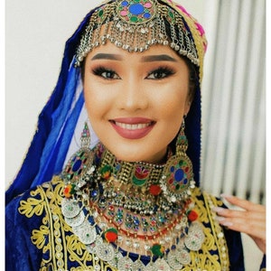 Afghan Jewelry Set Hand Made Afghani Necklace And Earings Afghani Tribal Choker Necklace Headpiece Mathapatti Earrings