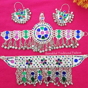 Afghan Jewelry Set Hand Made Afghani Necklace And Earrings vintage tribal unique jewelry design antique jewelry Kuchi jewelry silver colore