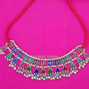 Afghan Jewelry Vintage Style Kuchi  Necklace - Statement Necklace - Afghan Silver Choker with Multicolor Glass Stones, Kuchi Jewelry