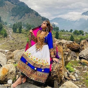 Afghani White And Blue Embroidery Beautiful Afghani Traditional Dress-Afghan Kuchi tribe multi-color Dress With Icon Mirrors-afghani cloths