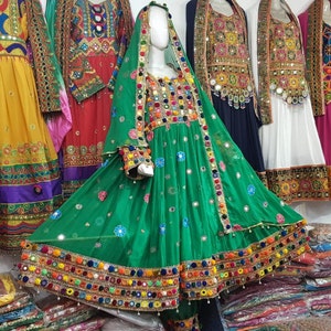 Green Mirror Embroidery  Beautiful Afghani Traditional Dress-Afghan Kuchi tribe multi-color Dress With Mirrors-afghani cloths Banjara Dress