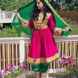 Afghani Red And Green Embroidery Beautiful Afghani Traditional Dress-Afghan Kuchi tribe multi-color Dress With Icon Mirrors-Afghani cloths