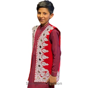 Traditional Afghan | Mirror Dozi Embroidery Design Beautiful Red Waistcoat