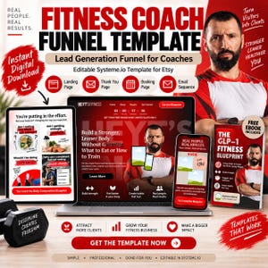 May include: A digital marketing template for fitness coaches featuring a laptop, smartphone, and ebook cover displaying the text Fitness Coach Funnel Template, Lead Generation Funnel for Coaches, and The GLP-1 Fitness Blueprint on a desk.
