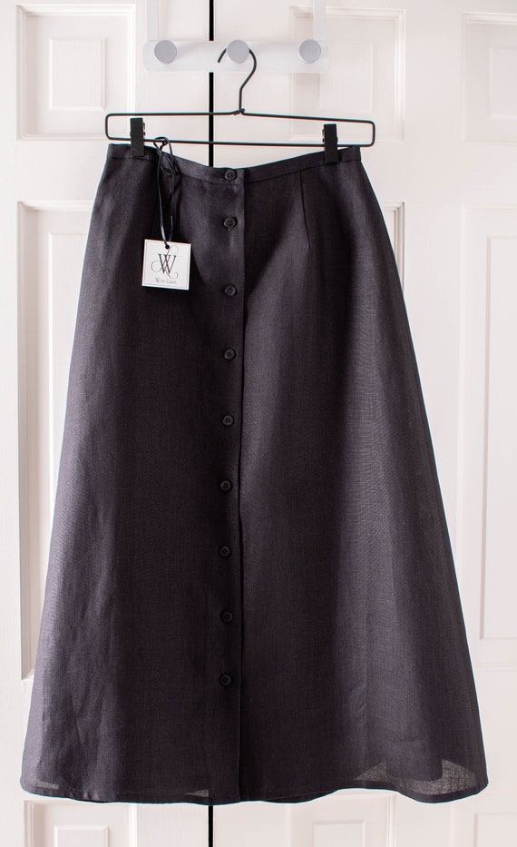 Black Linen Button Front A-line Skirt