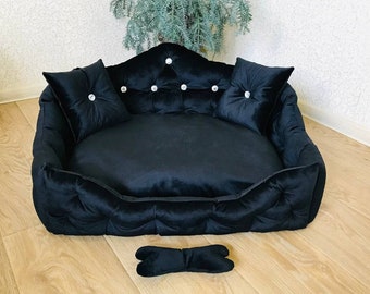 Dog Bed BLACK DOG BED  Soft Dog Bed  Cat bed Dog Sofa Furniture Blue Dog Bed Dog Couch large dog bed Velvet bed  and Crystals