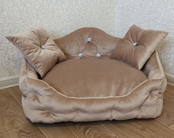 Cat bed beige   princess bed sparkles Dog bed Medium or small dog bed in pink cat owner gift  Velvet bed and crystals