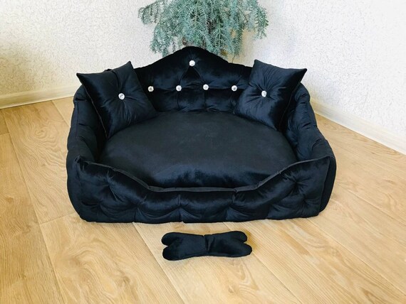Dog Bed BLACK DOG BED Soft Dog Bed Cat Bed Dog Sofa Furniture Blue Dog Bed Dog Couch Large Dog Bed Velvet Bed and Crystals Etsy