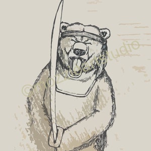 May include: A black and white illustration of a bear wearing a blindfold and holding a sword. The bear is drawn in a cartoon style and has a fierce expression.