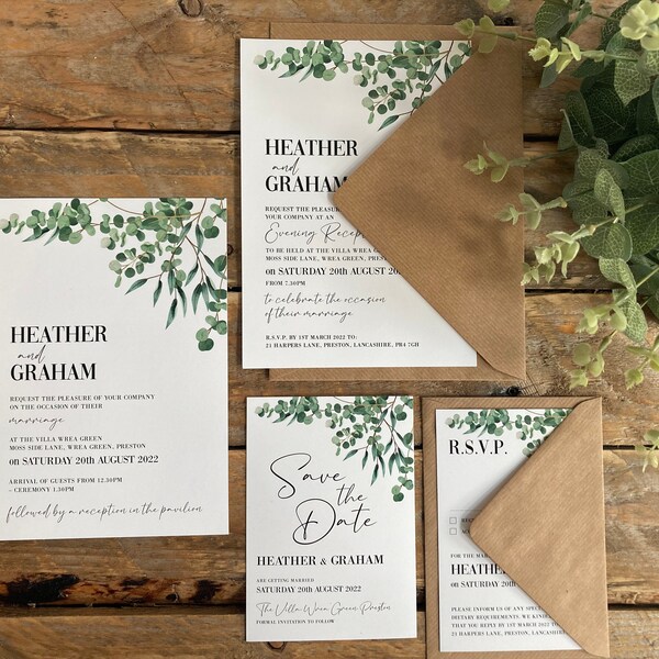 Wedding Invitation Collection, Rustic, Green Leaves, Botanical, Gold Borders, Personalised, Save the Date