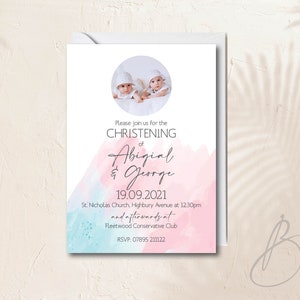 Twin Christening, Baptism, Naming Day Invitation, Pink and Blue Watercolour, Printed & Digital