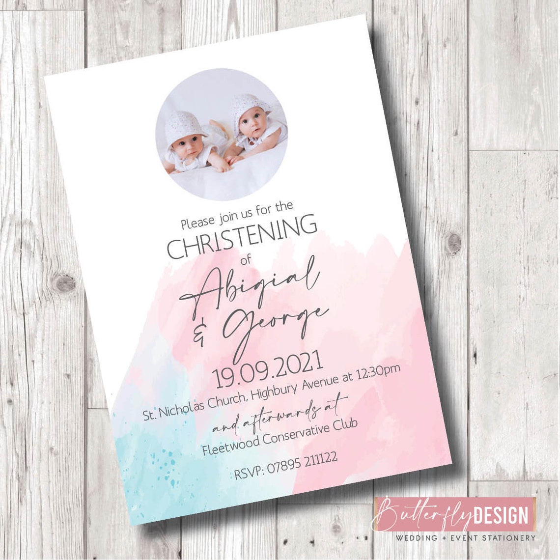 Twin Christening Baptism Naming Day Invitation Pink and Etsy UK