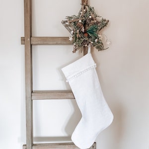 Linen Christmas Stocking with Pom Pom trim, Christmas stocking, Christmas Eve, Linen Stocking, White Stocking, Black Friday Black Friday image 1