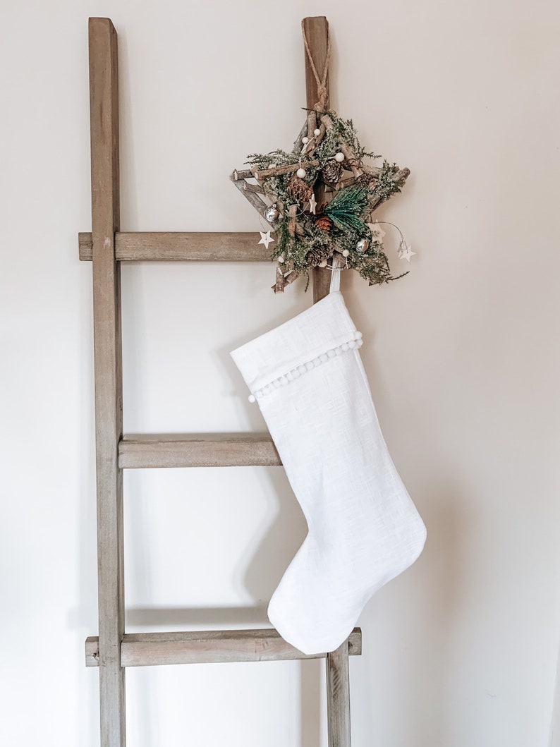 Linen Christmas Stocking with Pom Pom trim, Christmas stocking, Christmas Eve, Linen Stocking, White Stocking, Black Friday Black Friday image 1