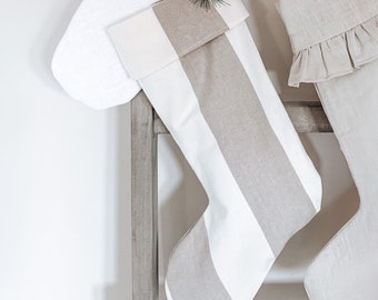 Linen Christmas stocking, 100% linen, linen stripe, Black friday
