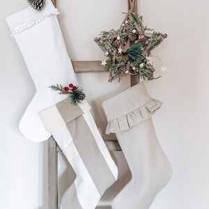 Linen Christmas Stocking with Pom Pom trim, Christmas stocking, Christmas Eve, Linen Stocking, White Stocking, Black Friday Black Friday image 3