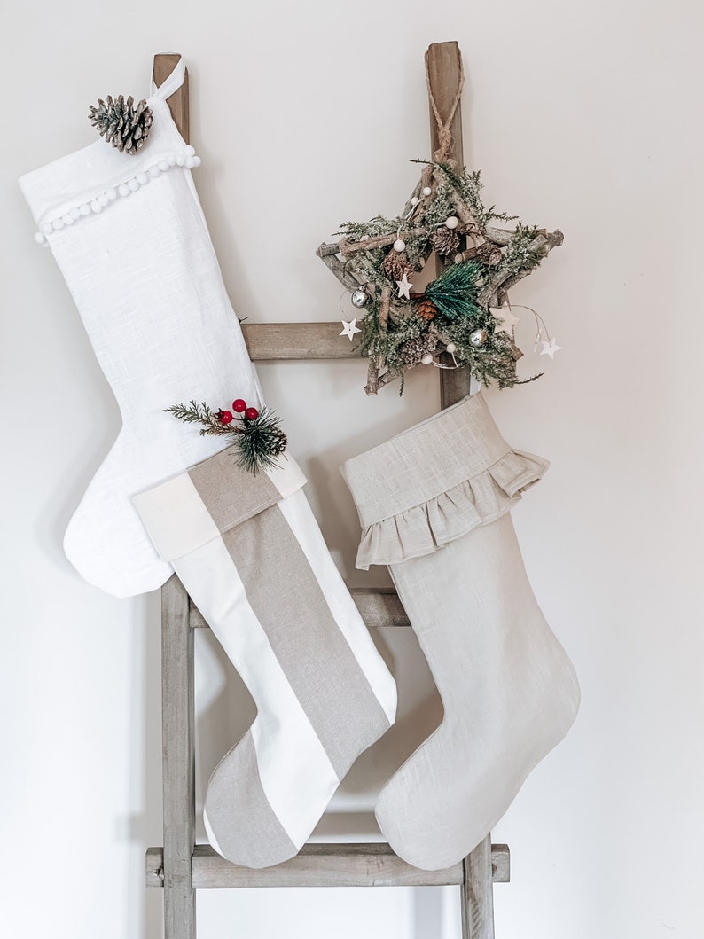 Linen Christmas Stocking with Pom Pom trim, Christmas stocking, Christmas Eve, Linen Stocking, White Stocking, Black Friday Black Friday image 3