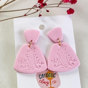 Pastel Pink Marian Earrings // Marian Cross Earrings // Catholic Polymer Clay Earrings // Classics Earrings