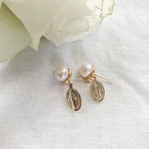 Natural Pearl 18K Gold Plated Mini Miraculous Medal Earrings // Catholic Earrings