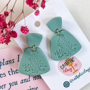 Sage Green Marian Earrings // Marian Cross Earrings // Catholic Polymer Clay Earrings // Classic Earrings