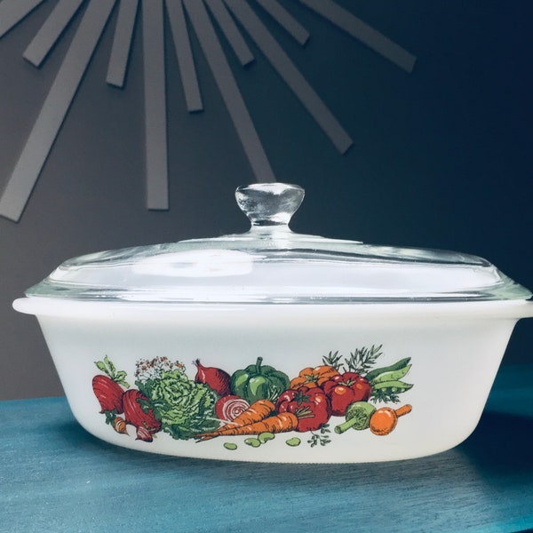 Vintage Glasbake Vegetable Medley Milk Glass Baking Dish