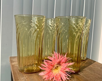 Vintage Yellow Glasses with Wave Pattern by Anchor Hocking