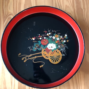 Vintage Japanese Serving Tray, Flower Cart, Red and Black