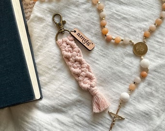 Build Your Own - Catholic Macrame Keychain with Wood Attachment | Catholic Saint Quote Keychain | Catholic Confirmation Gift | AMDG keychain