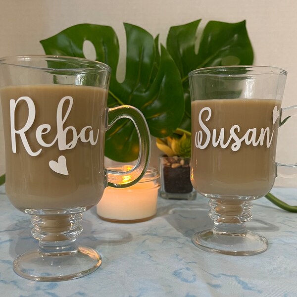 Personalized Irish Mugs with Ornate Stem, Sturdy Glass, Great gift for Bridal team, Proposal, Anniversary, Mother's Day, Birthday & Teachers