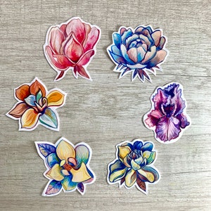 Originele Bloemen Sticker Pack - Zes Aquarel / Inkt Bloem Stickers