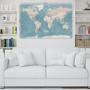 Mapa świata wydrukowana na płótnie: mapa do przypinania, Carte du monde sur toile, (120 cm x 80 cm)