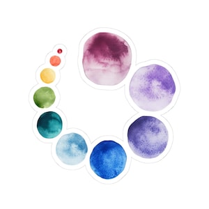 May include: A sticker featuring a watercolor design of a color wheel. The design includes a series of colorful circles in shades of red, orange, yellow, green, teal, blue, purple, and maroon. The circles are arranged in a circular pattern.