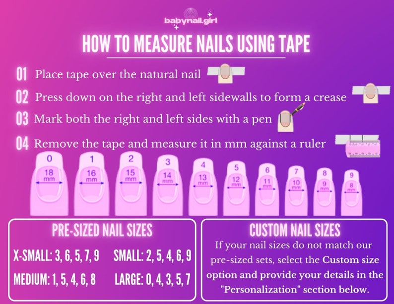 Op de afbeelding: Een paarse afbeelding met instructies voor het meten van nagels met tape. De stappen omvatten het plaatsen van tape, het vormen van een vouw, het markeren van de zijkanten en het meten in mm. Het toont ook voorgeprogrammeerde en aangepaste nagelmaten.
