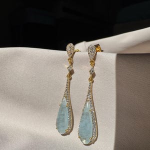 Elegant Aquamarine Teardrop Earrings | 9K, 14K, 18K Solid Gold | Halo Diamond Accent | Stunning Bridal, Anniversary & Special Occasion Gift