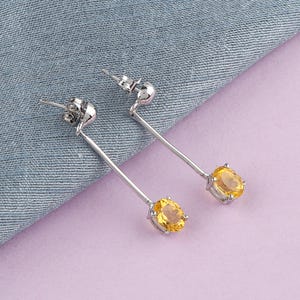 Natural Citrine Drop Earrings in 925 Sterling Silver | Straight Bar Dangle Earrings for Women | November Birthstone Jewelry Gift For Her.