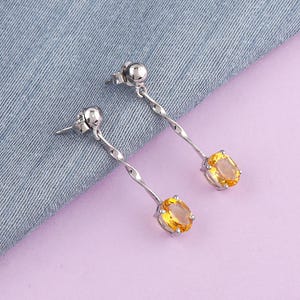 Natural Citrine Drop Earrings in 925 Sterling Silver | Twisted Bar Dangle Earrings for Women | November Birthstone Jewelry Gift For Her.