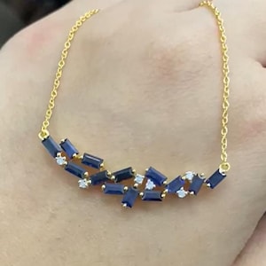 Vintage Inspired Blue Sapphire & Diamond Necklace 18K Solid Gold September Birthstone Gift for her Mothers Day Present Natural Diamond