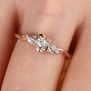 Flower Moissanite Engagement Ring - Rose Gold Nature Inspired Leaf Design - Floral Twist Wedding Ring for Her