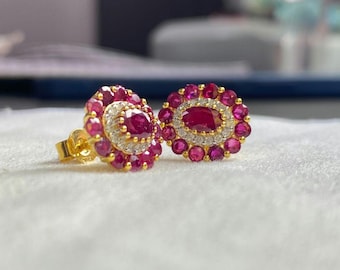 18k Gold Ruby Diamond Stud Earrings Handmade Jewelry Gift