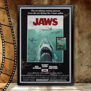 Jaws (1975) , Autographed and High-quality Reproduction Movie Poster Framed and Ready to Hang