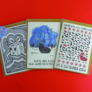 Pacote de cartões de Natal - Conjunto de 3 - Ilustrado - Saudações - Peculiar - Estranho - Surreal - Engraçado - Colorir - Bobo - Ilustração - Pássaros - Diversão